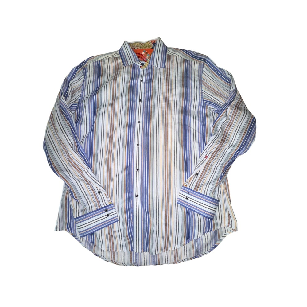 Robert Graham Mens XL Multi Stripe Paisley Cuff Button Down Shirt Blue Orange